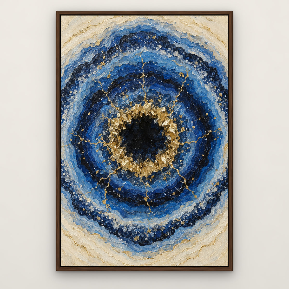 Sapphire Geode, blue abstract hand-painted canvas wall art in a slim walnut float frame – Gallery 23
