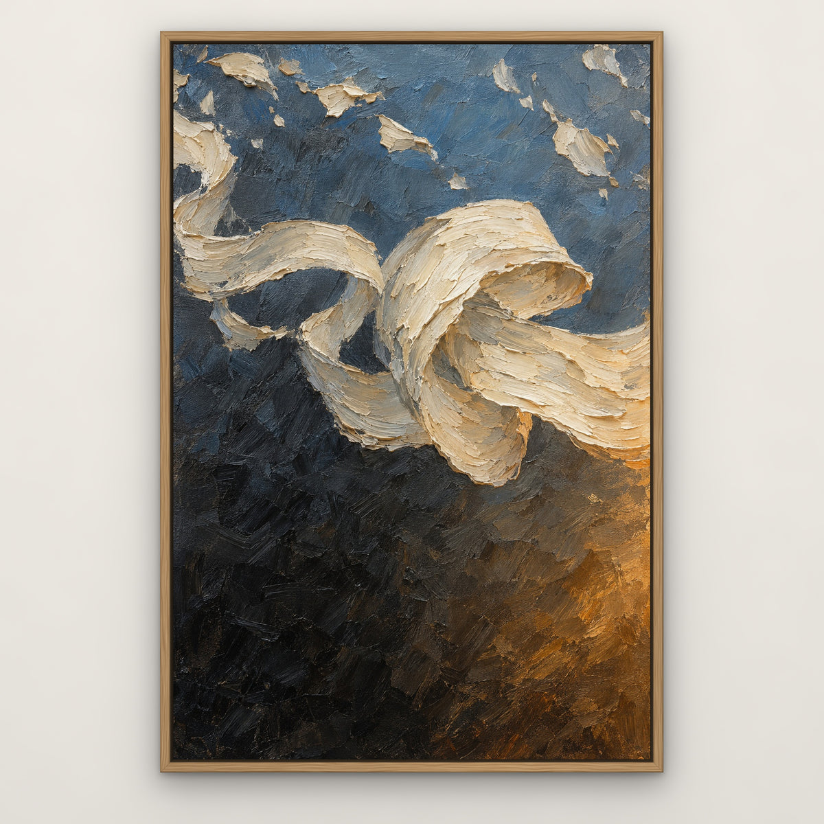 Cream Ribbon Fold, colourful abstract hand-painted canvas wall art in a slim oak float frame – Gallery 23
