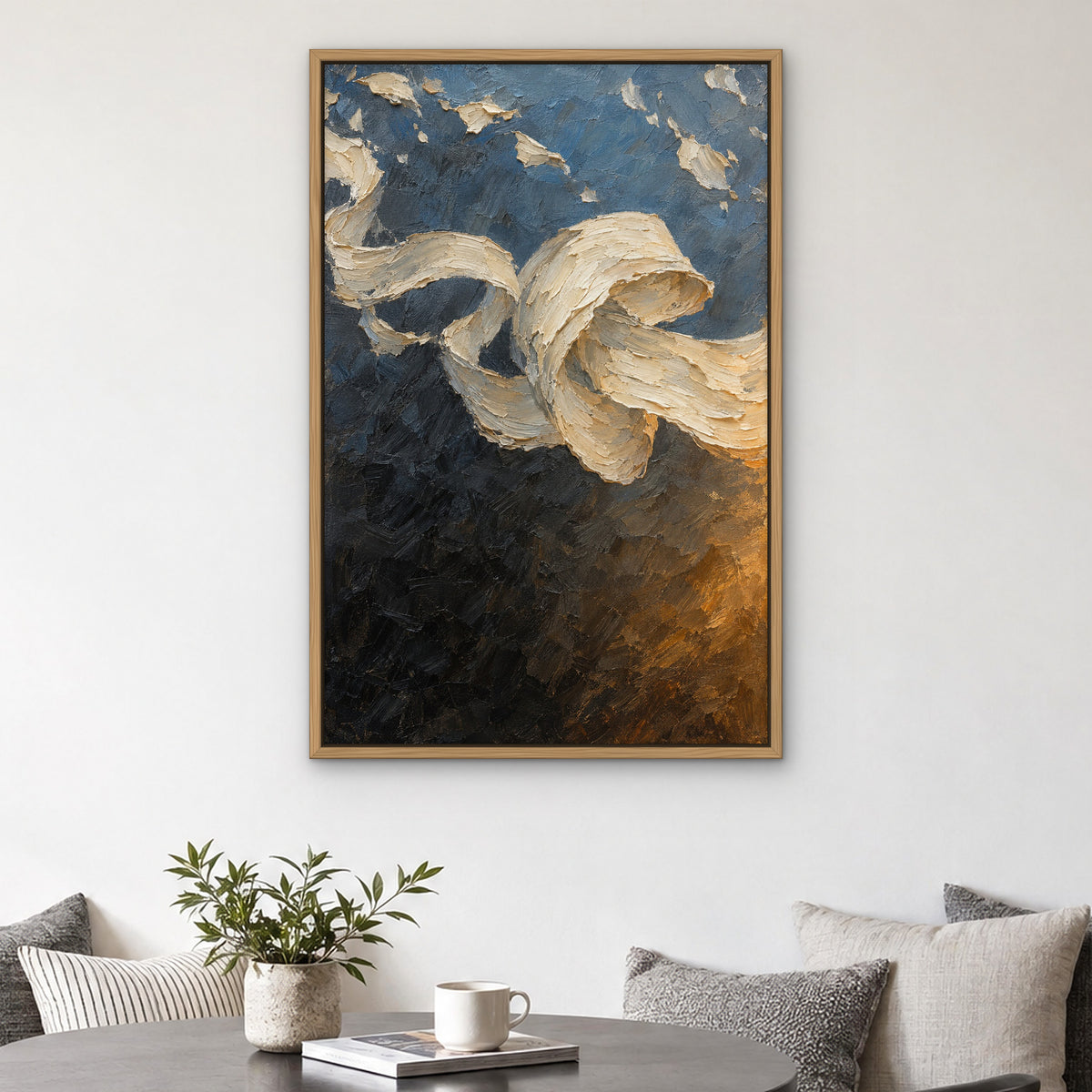 Cream Ribbon Fold, colourful abstract hand-painted canvas wall art in a kitchen nook – Gallery 23