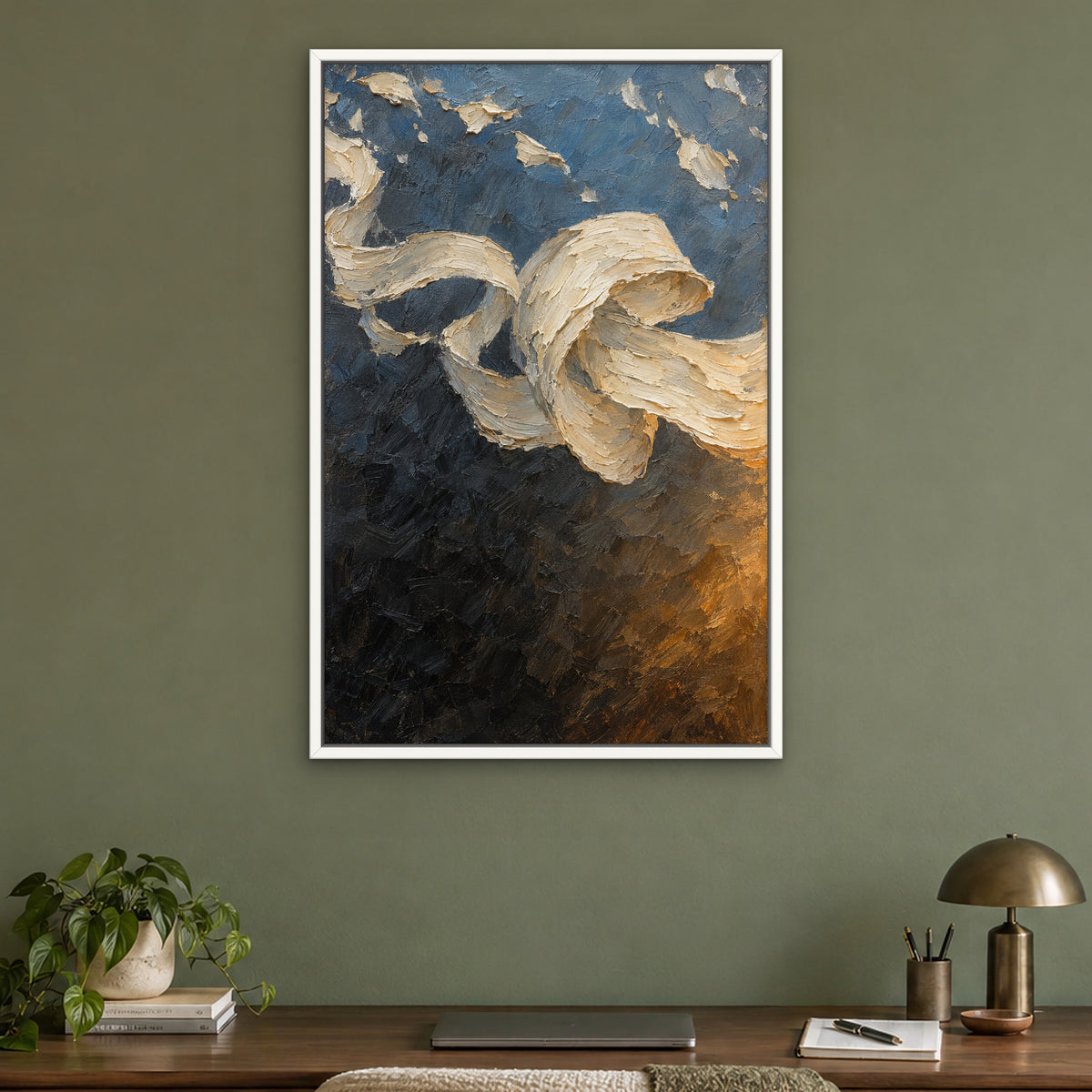 Cream Ribbon Fold, colourful abstract hand-painted canvas wall art in a home office – Gallery 23