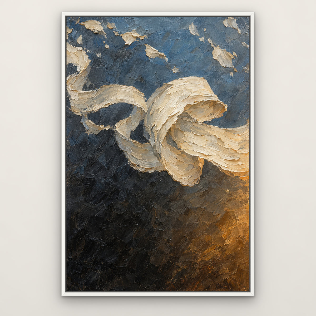 Cream Ribbon Fold, colourful abstract hand-painted canvas wall art in a slim white float frame – Gallery 23