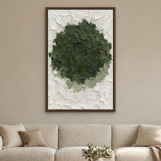 Moss and Plaster, green abstract hand-painted canvas wall art in a living room – Gallery 23