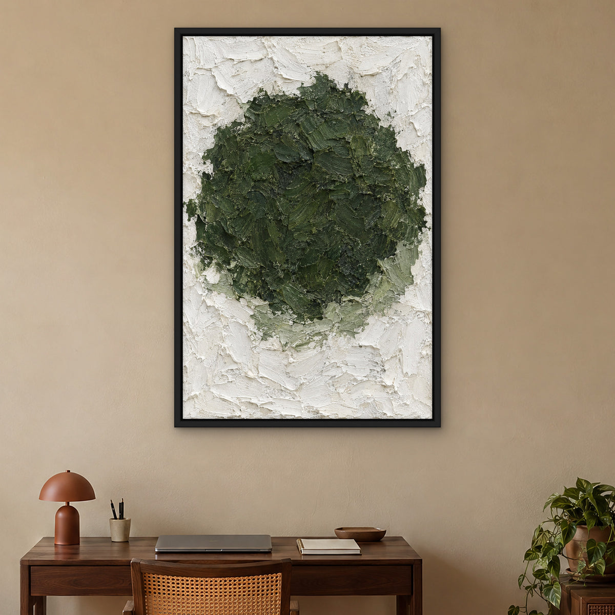 Moss and Plaster, green abstract hand-painted canvas wall art in a home office – Gallery 23