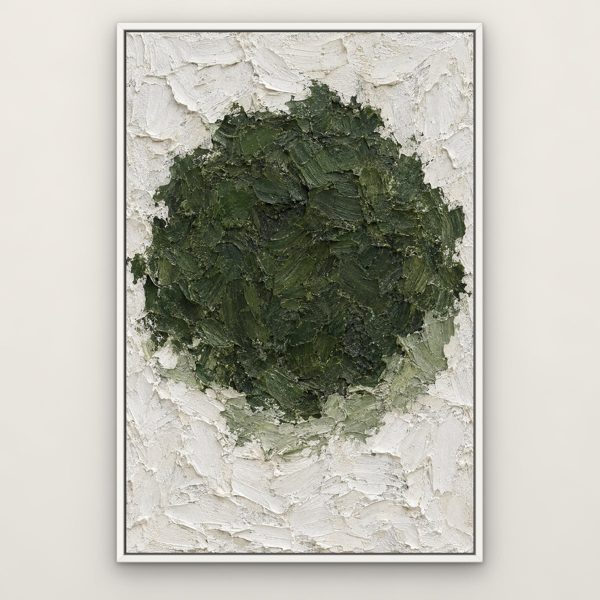 Moss and Plaster, green abstract hand-painted canvas wall art in a slim white float frame – Gallery 23