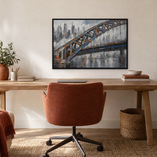 Harbour Bridge Sketch, blue cityscape hand-painted canvas wall art in a home office – Gallery 23