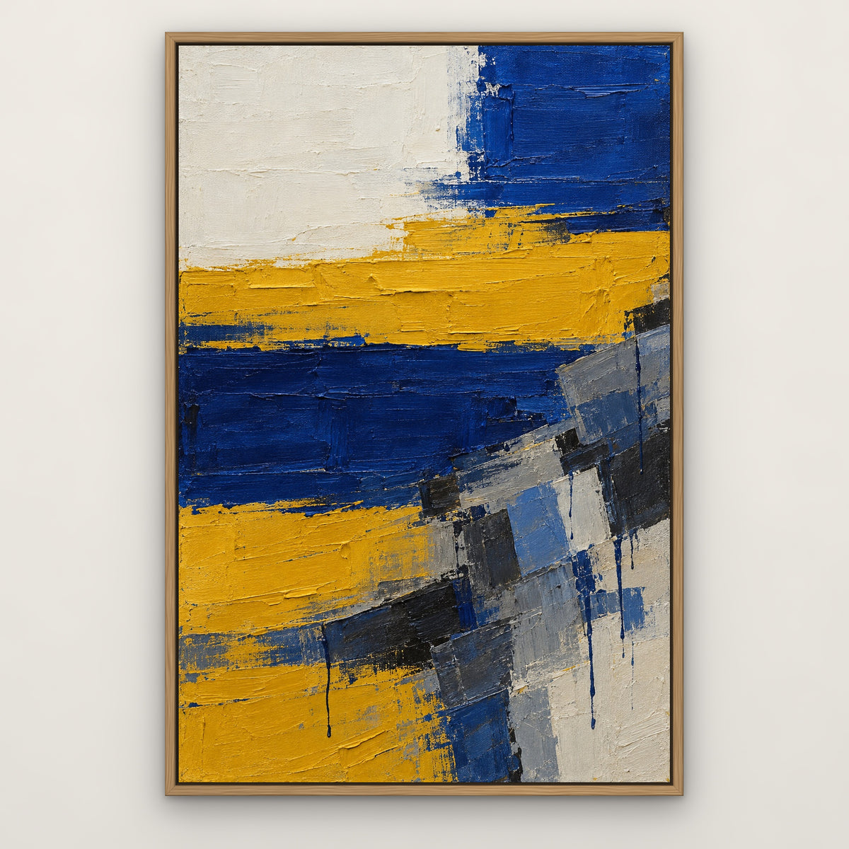 Mustard and Cobalt, blue abstract hand-painted canvas wall art in a slim oak float frame – Gallery 23