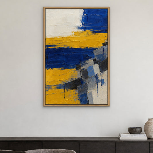 Mustard and Cobalt, blue abstract hand-painted canvas wall art in a dining room – Gallery 23