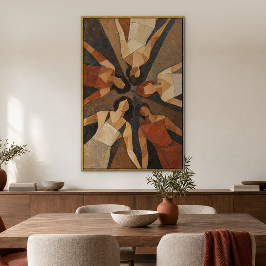 Earthy Figures, brown abstract hand-painted canvas wall art in a dining room – Gallery 23