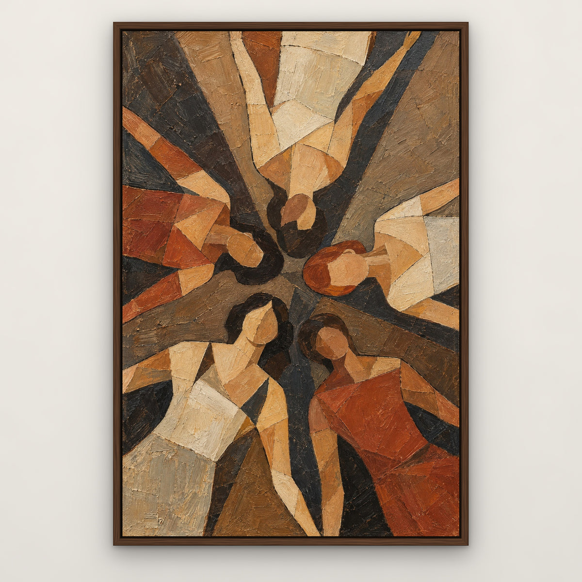 Earthy Figures, brown abstract hand-painted canvas wall art in a slim walnut float frame – Gallery 23
