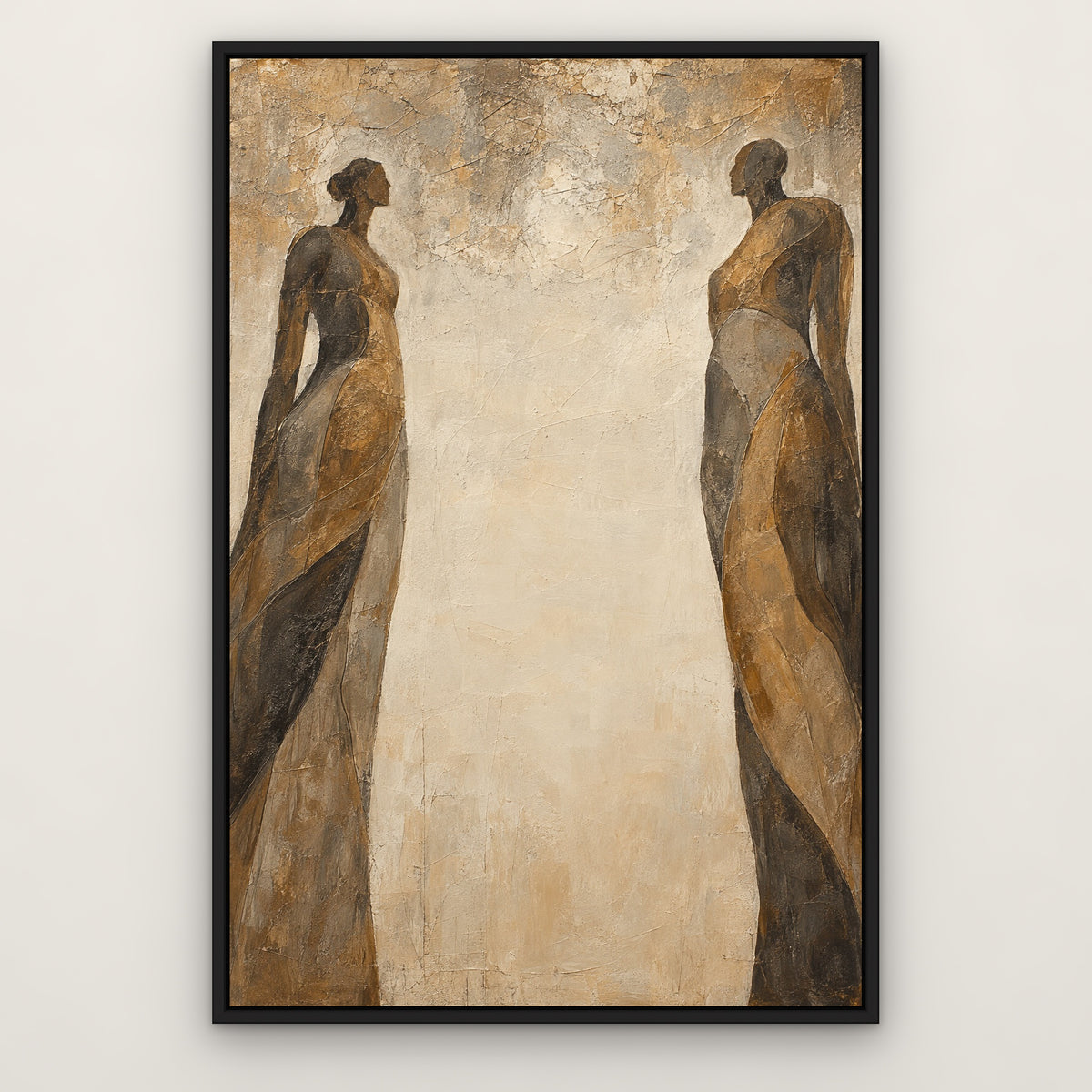Bronze Silhouettes, brown abstract hand-painted canvas wall art in a slim black float frame – Gallery 23