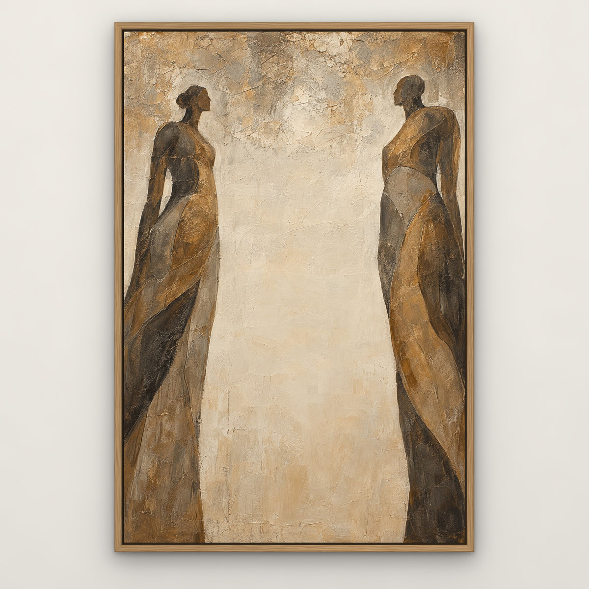 Bronze Silhouettes, brown abstract hand-painted canvas wall art in a slim oak float frame – Gallery 23