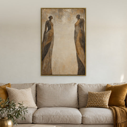 Bronze Silhouettes, brown abstract hand-painted canvas wall art in a living room – Gallery 23