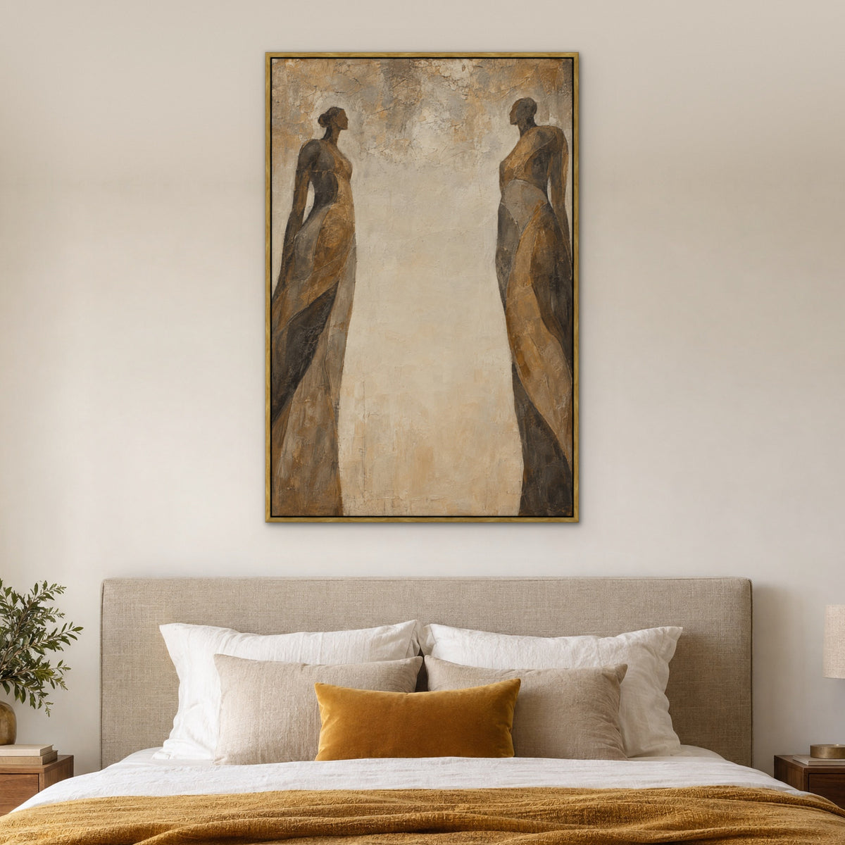 Bronze Silhouettes, brown abstract hand-painted canvas wall art in a bedroom – Gallery 23