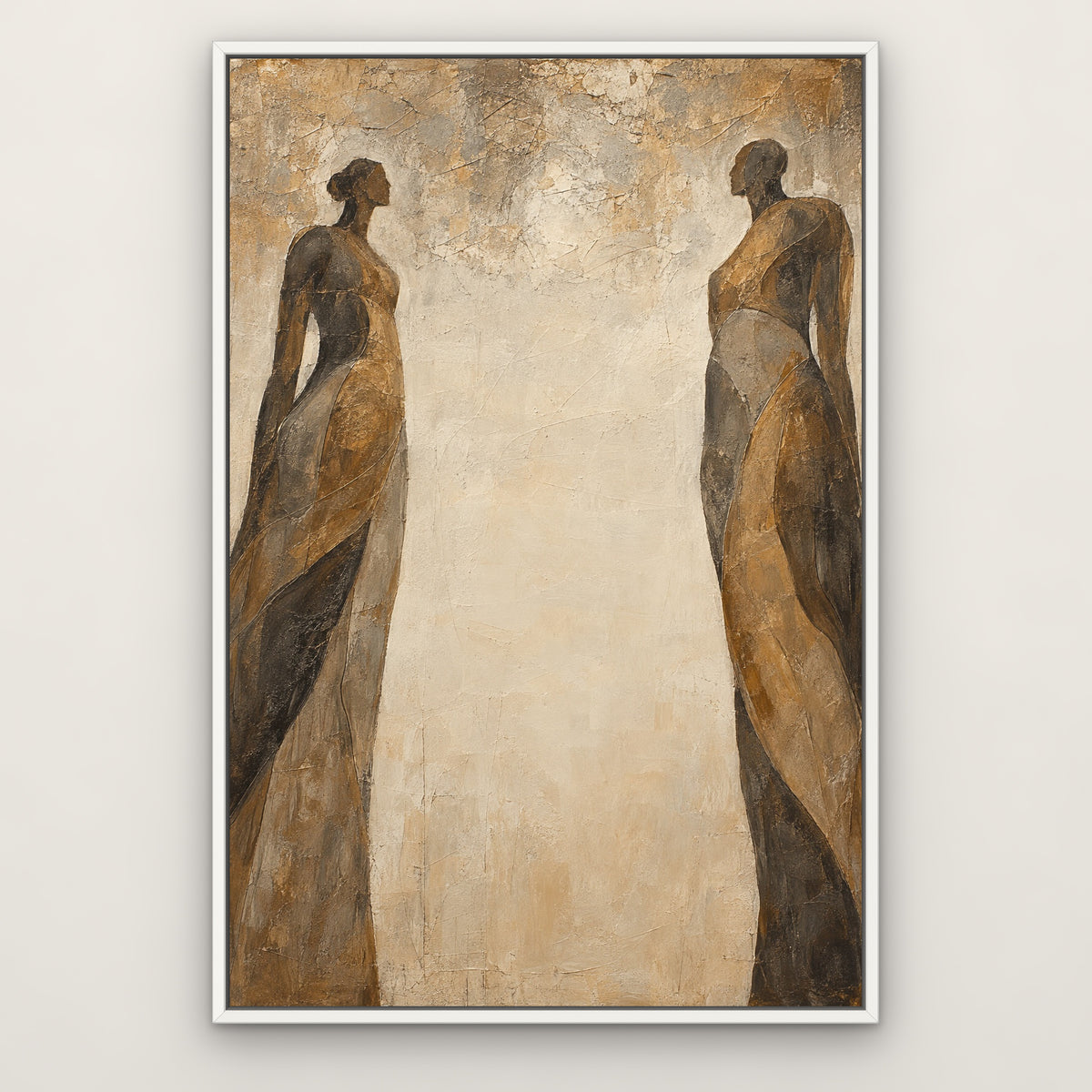 Bronze Silhouettes, brown abstract hand-painted canvas wall art in a slim white float frame – Gallery 23