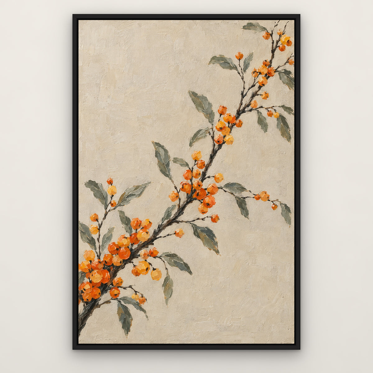 Orange Berry Branches, grey botanical hand-painted canvas wall art in a slim black float frame – Gallery 23