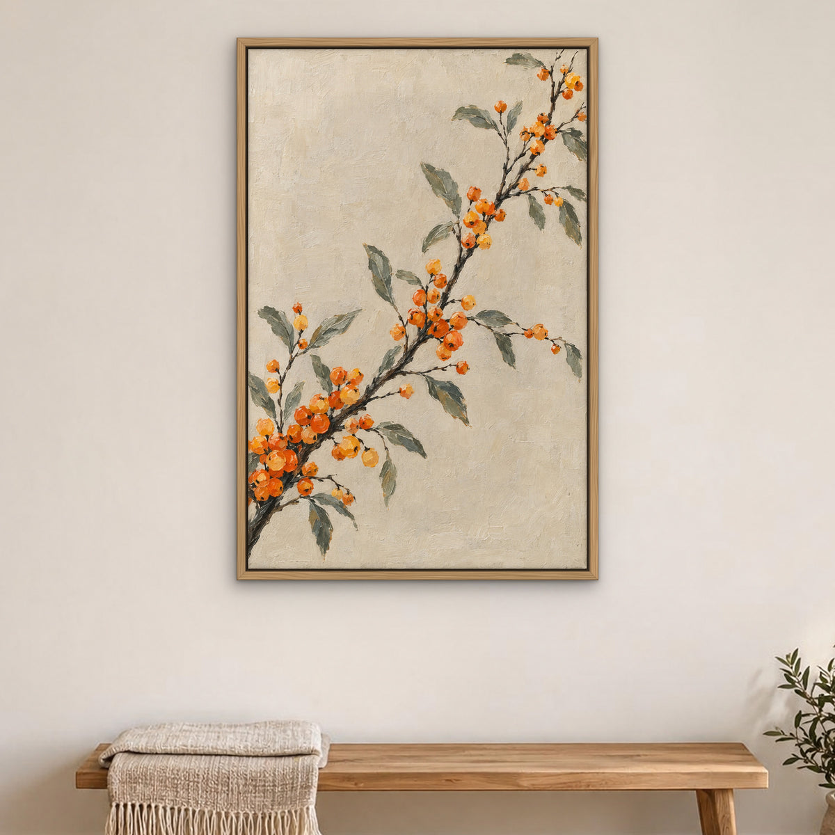 Orange Berry Branches, grey botanical hand-painted canvas wall art in a bedroom – Gallery 23