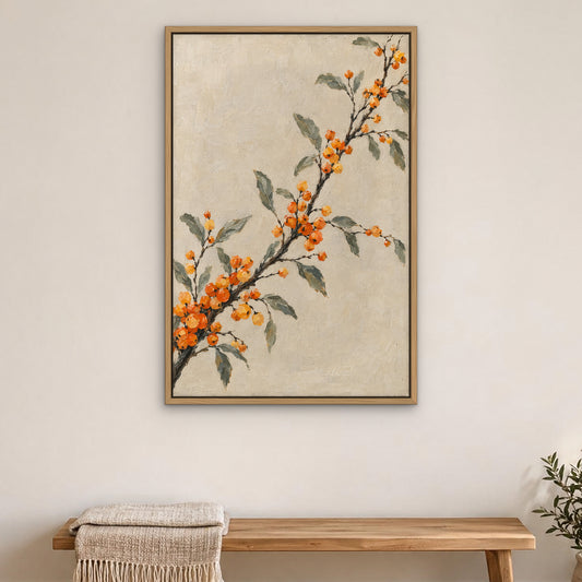 Orange Berry Branches, grey botanical hand-painted canvas wall art in a bedroom – Gallery 23