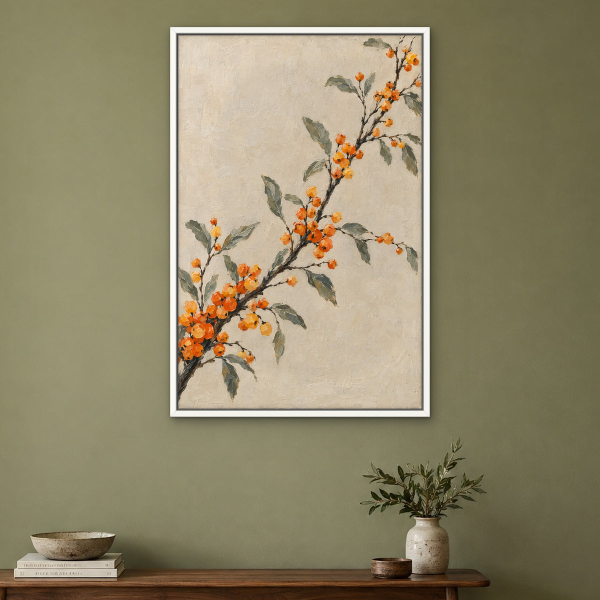 Orange Berry Branches, grey botanical hand-painted canvas wall art in a hallway – Gallery 23