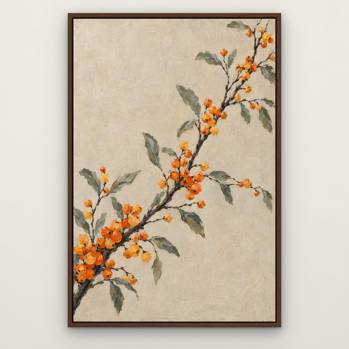 Orange Berry Branches, grey botanical hand-painted canvas wall art in a slim walnut float frame – Gallery 23