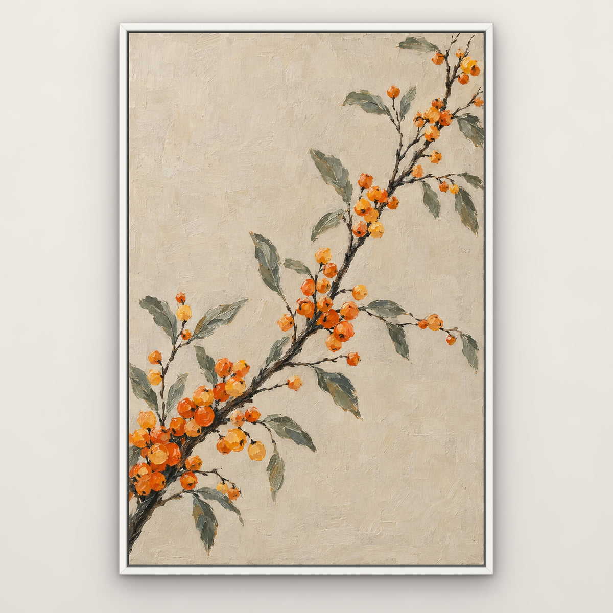 Orange Berry Branches, grey botanical hand-painted canvas wall art in a slim white float frame – Gallery 23