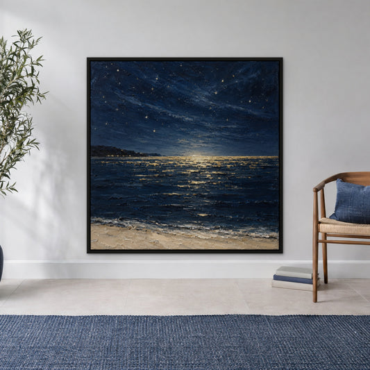Midnight Gold Coast, teal abstract hand-painted canvas wall art in a hallway – Gallery 23