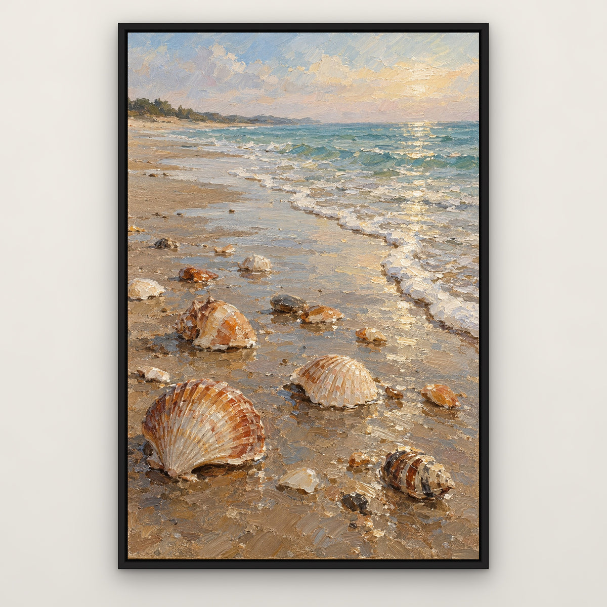 Seashell Shore, teal seascape hand-painted canvas wall art in a slim black float frame – Gallery 23