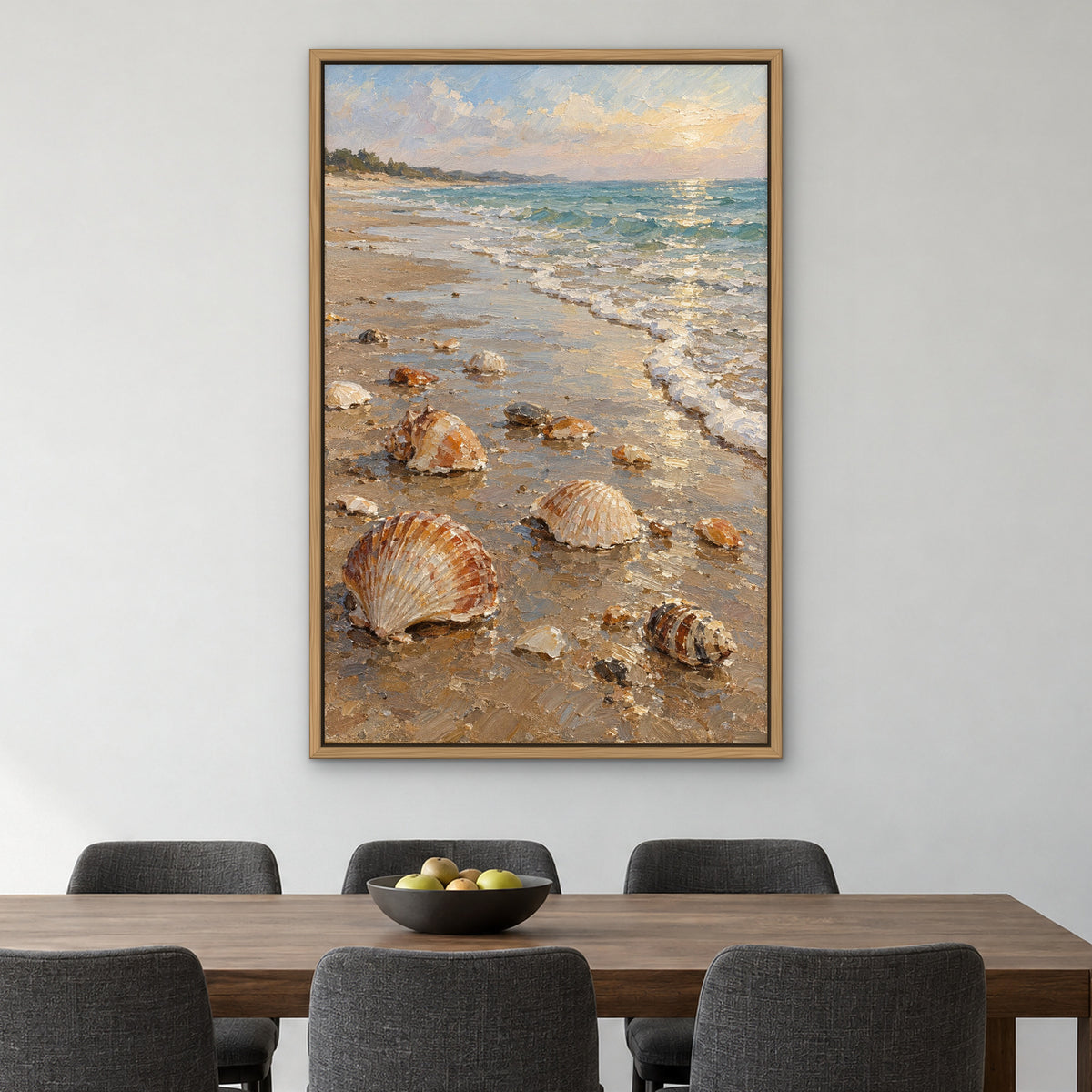 Seashell Shore, teal seascape hand-painted canvas wall art in a dining room – Gallery 23