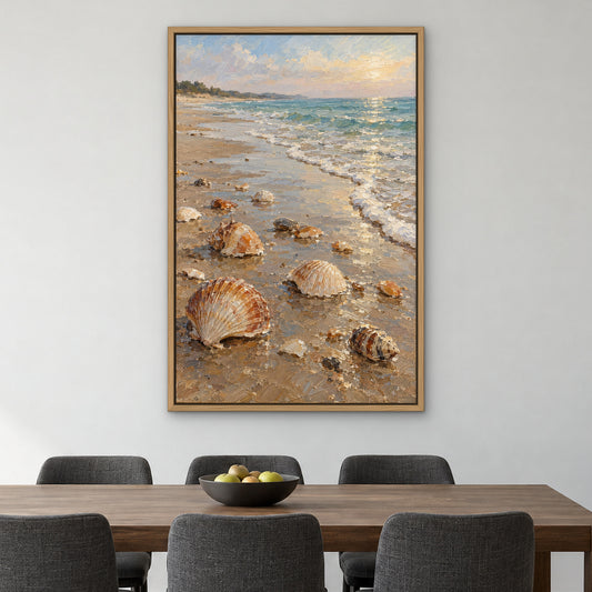 Seashell Shore, teal seascape hand-painted canvas wall art in a dining room – Gallery 23