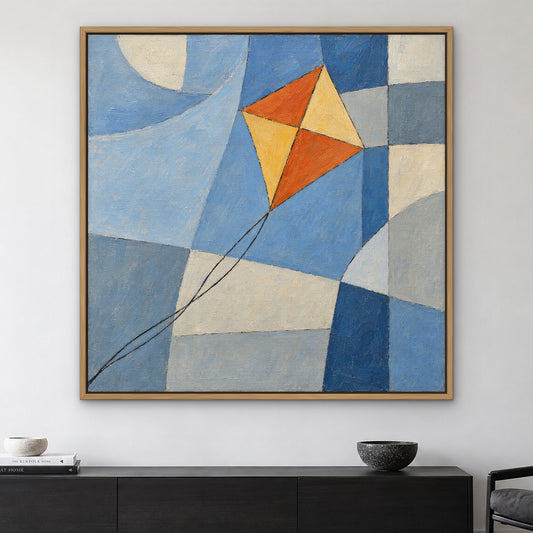 Orange Kite Geometry, blue abstract hand-painted canvas wall art in a living room – Gallery 23