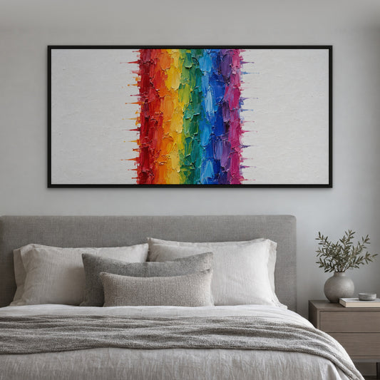 Rainbow Drip Band, colourful abstract hand-painted canvas wall art in a bedroom – Gallery 23