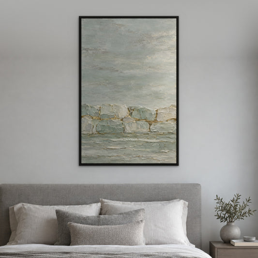 Mint Stone Relief, green abstract hand-painted canvas wall art in a bedroom – Gallery 23