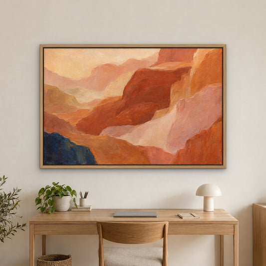 Terracotta Dreamscape, orange abstract hand-painted canvas wall art in a home office – Gallery 23