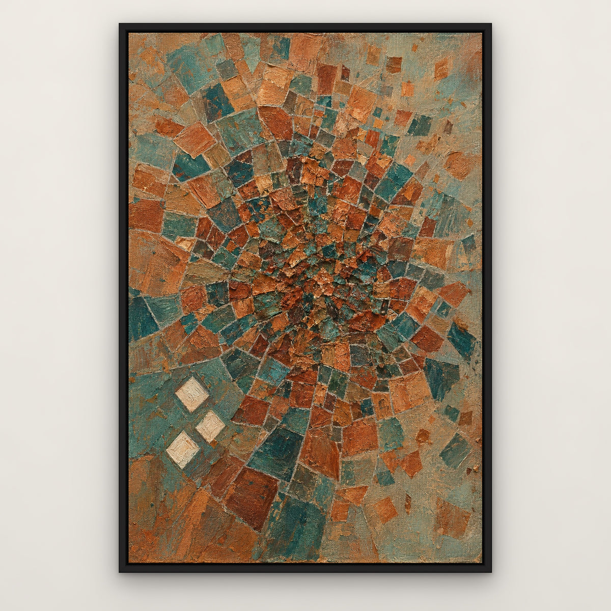 Copper Teal Patchwork, colourful abstract hand-painted canvas wall art in a slim black float frame – Gallery 23
