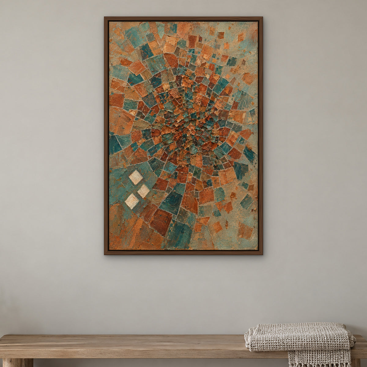 Copper Teal Patchwork, colourful abstract hand-painted canvas wall art in a bedroom – Gallery 23