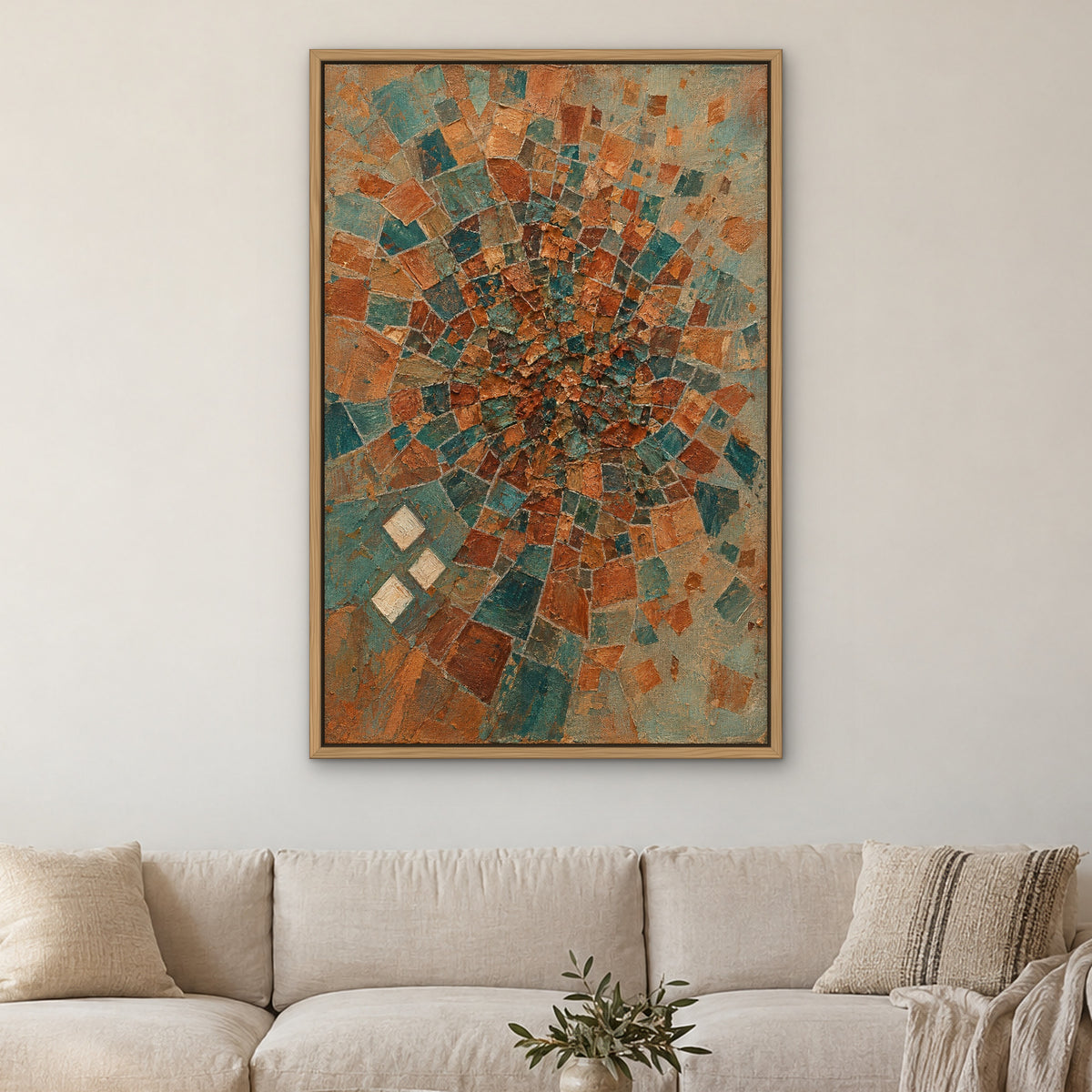Copper Teal Patchwork, colourful abstract hand-painted canvas wall art in a living room – Gallery 23