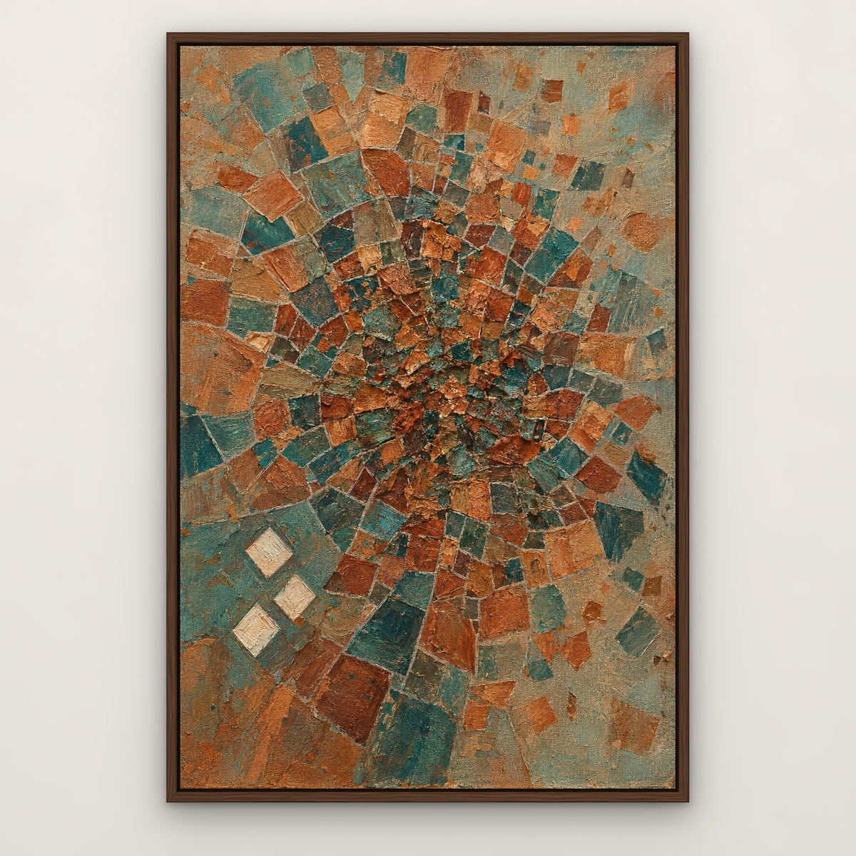 Copper Teal Patchwork, colourful abstract hand-painted canvas wall art in a slim walnut float frame – Gallery 23