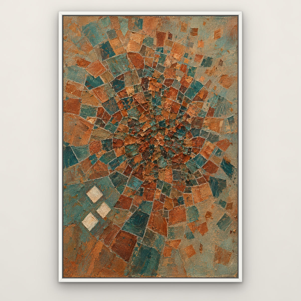 Copper Teal Patchwork, colourful abstract hand-painted canvas wall art in a slim white float frame – Gallery 23
