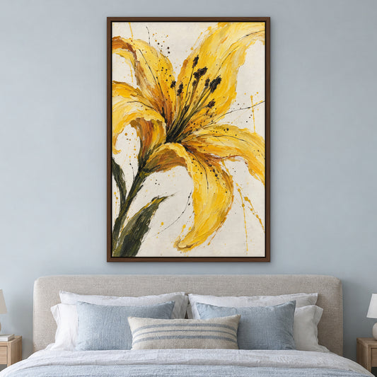 Yellow Lily Sketch, black and white abstract hand-painted canvas wall art in a bedroom – Gallery 23