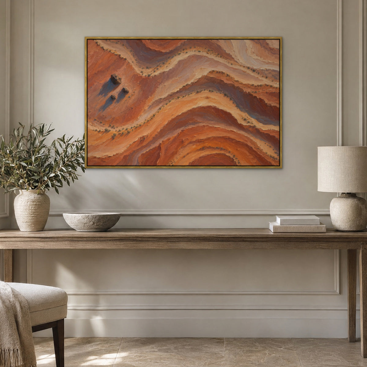 Desert Contours, orange abstract hand-painted canvas wall art in a hallway – Gallery 23