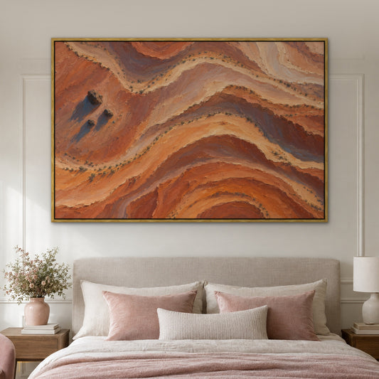 Desert Contours, orange abstract hand-painted canvas wall art in a bedroom – Gallery 23