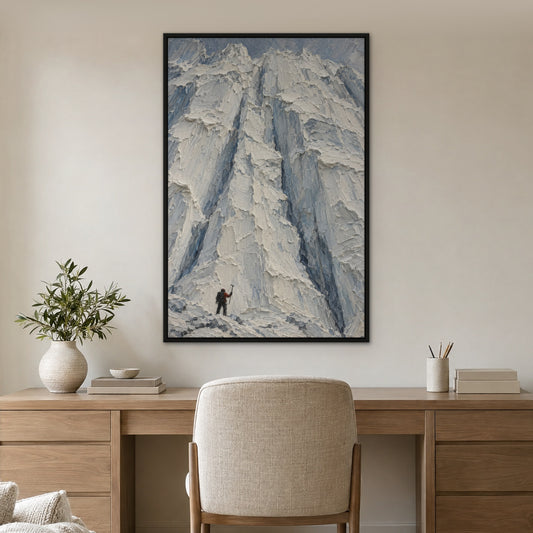 White Mountain Trek, neutral mountain landscape hand-painted canvas wall art in a home office – Gallery 23
