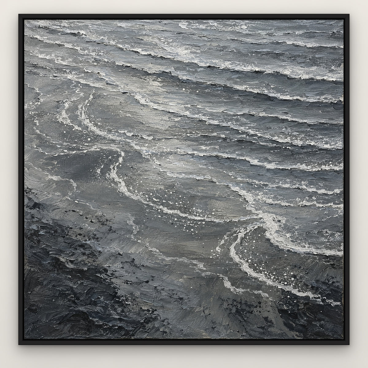 Monochrome Tide, grey abstract hand-painted canvas wall art in a slim black float frame – Gallery 23