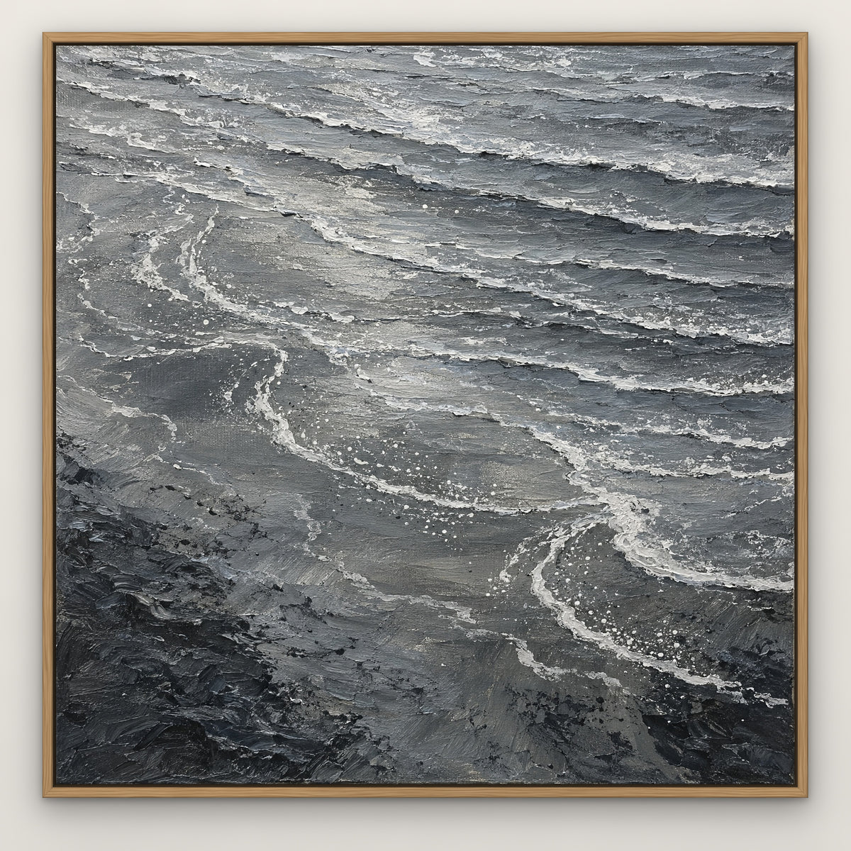 Monochrome Tide, grey abstract hand-painted canvas wall art in a slim oak float frame – Gallery 23