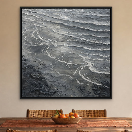 Monochrome Tide, grey abstract hand-painted canvas wall art in a dining room – Gallery 23