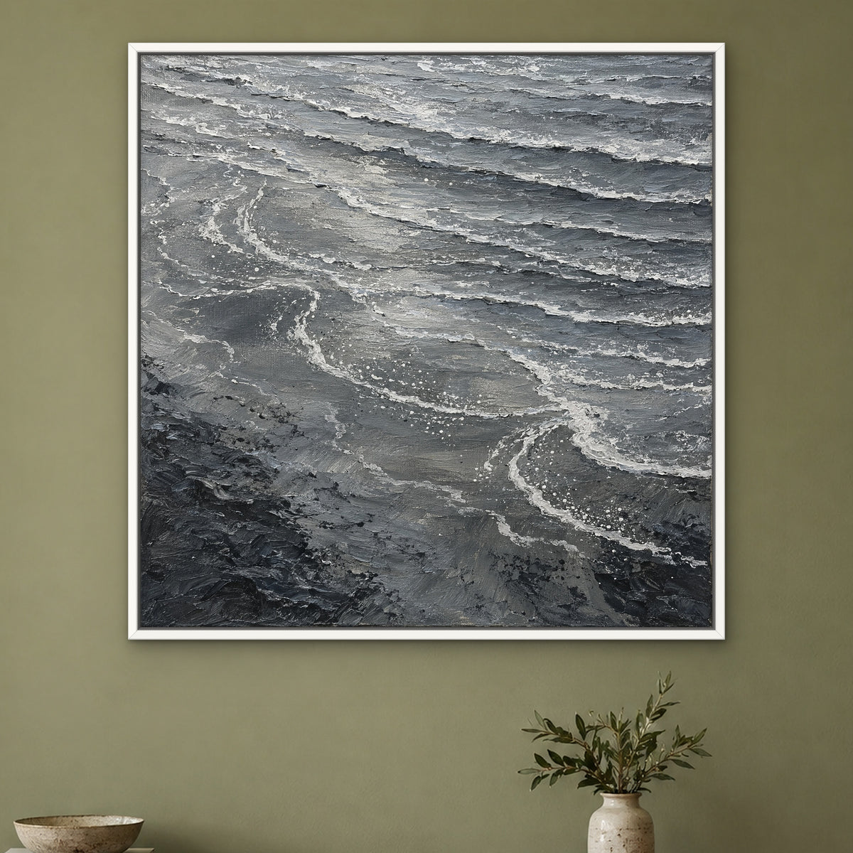 Monochrome Tide, grey abstract hand-painted canvas wall art in a hallway – Gallery 23