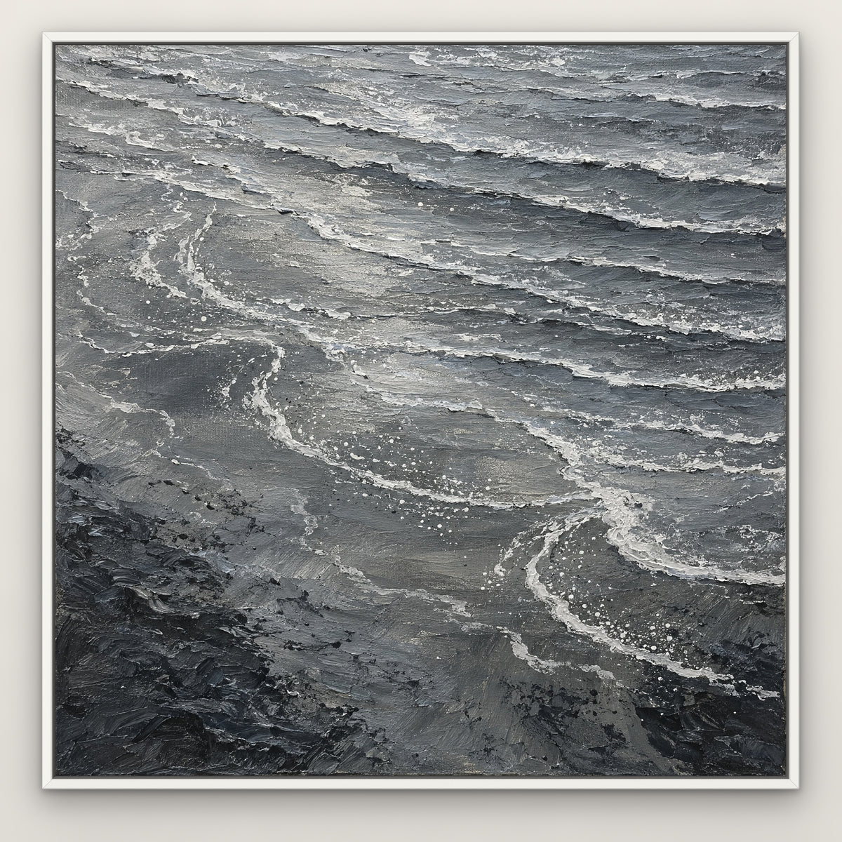Monochrome Tide, grey abstract hand-painted canvas wall art in a slim white float frame – Gallery 23