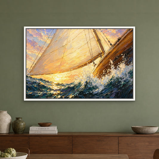 Morning Sail Voyage, blue seascape hand-painted canvas wall art in a dining room – Gallery 23
