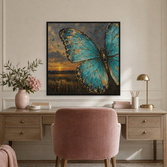 Turquoise Butterflies, teal animal hand-painted canvas wall art in a home office – Gallery 23
