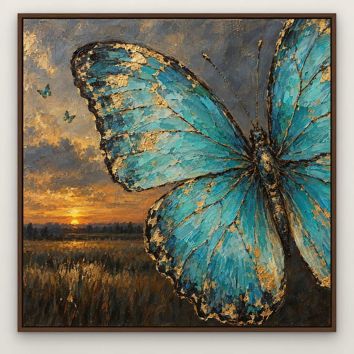 Turquoise Butterflies, teal animal hand-painted canvas wall art in a slim walnut float frame – Gallery 23