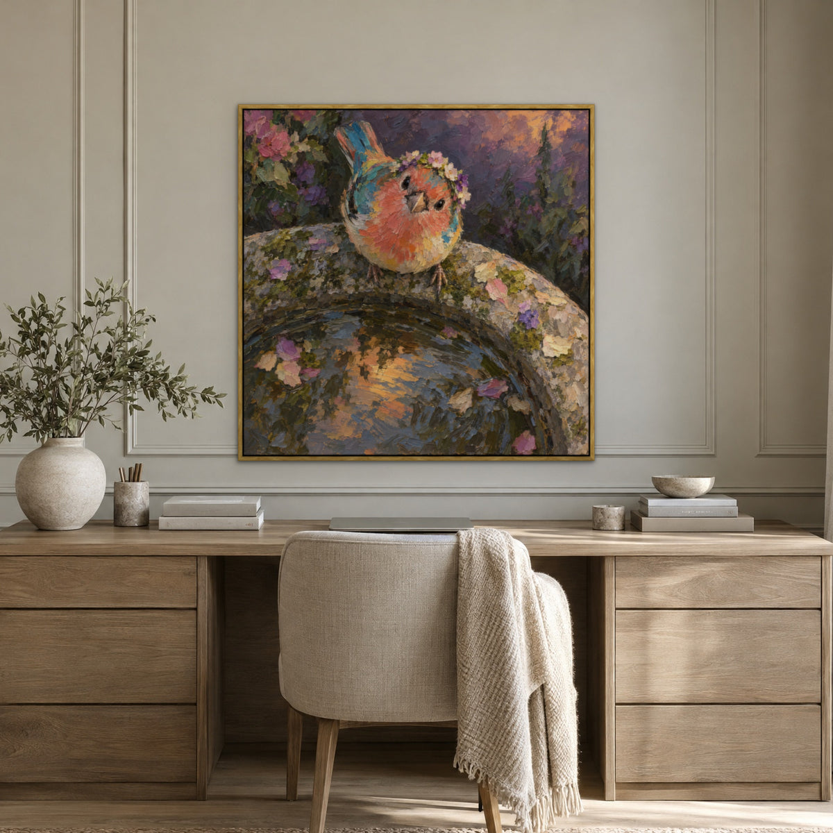 Flower Crown Finch, colourful floral hand-painted canvas wall art in a home office – Gallery 23